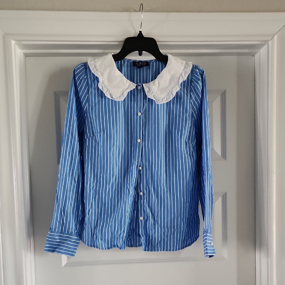 J Crew Blue Striped Blouse with White Collar Organic Cotton